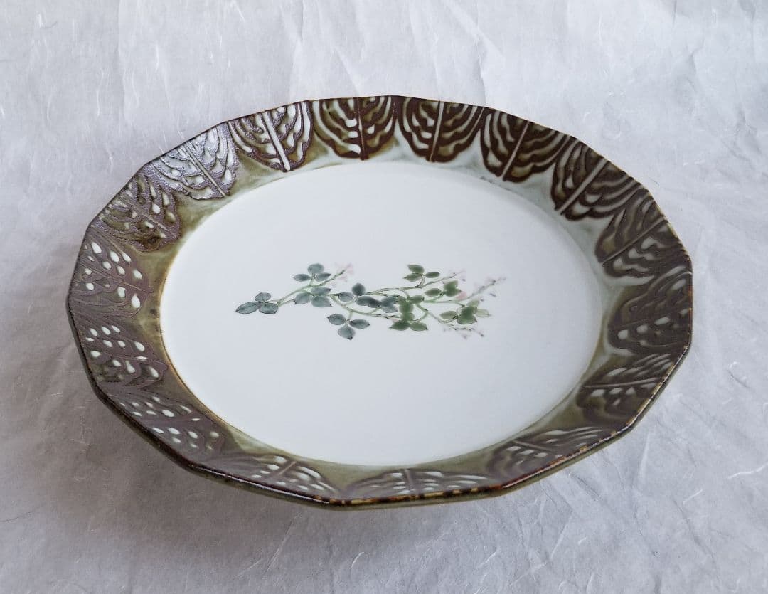 豊福誠 作 色絵磁器萩文皿(未使用 新品同様)