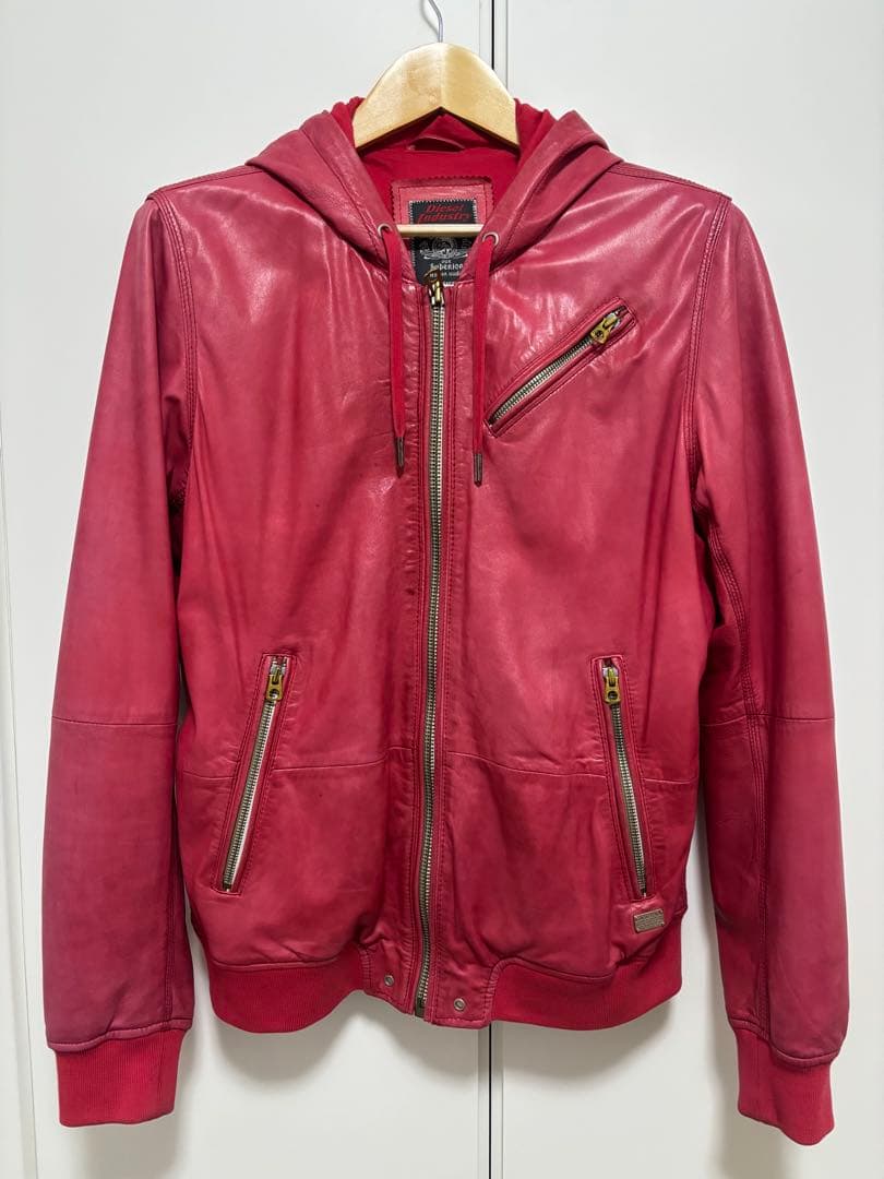 DIESEL ディーゼル レザーパーカージャケット 羊革 レッド 中古・古着通販】DIESEL (ディーゼル) ラムレザージャケット レッド