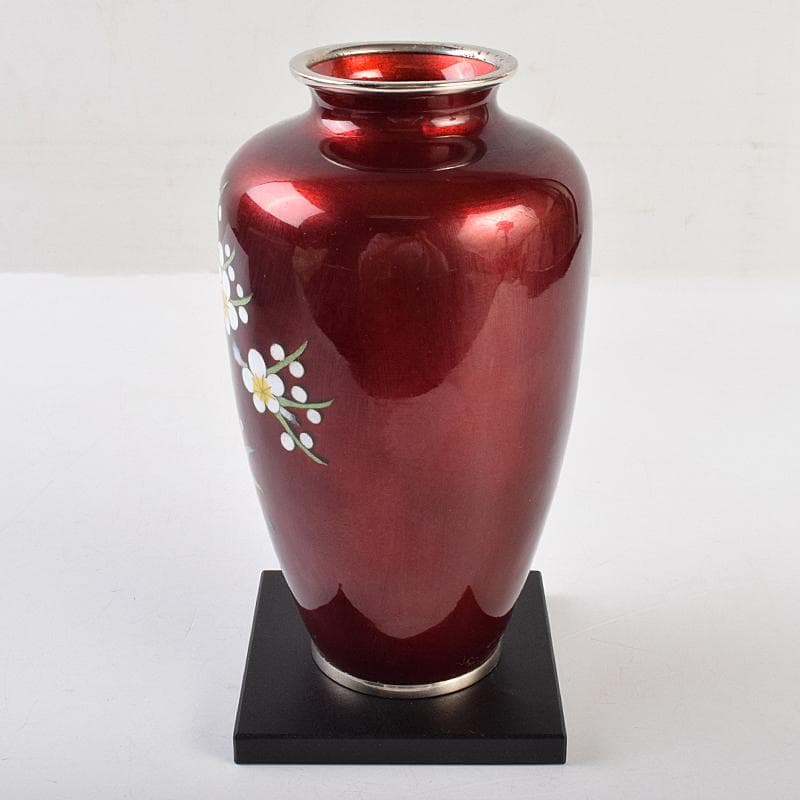 七宝焼 加藤七宝製作所 梅竹文 花瓶 台・箱付 M R9494