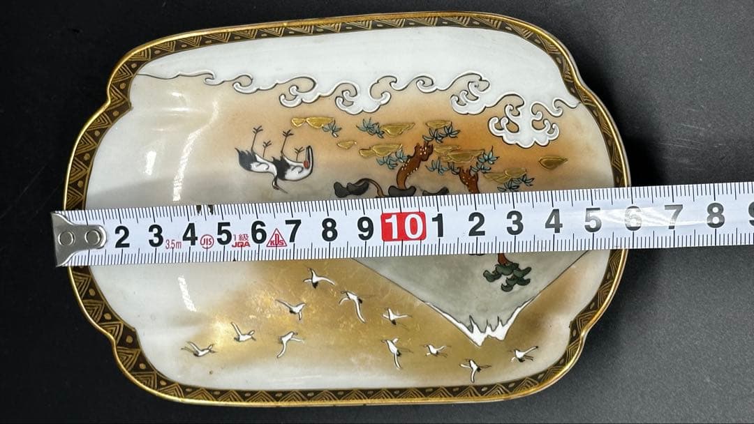 金彩 富士と松と鶴の絵柄 陶磁器 変形皿 5枚セット 明治期