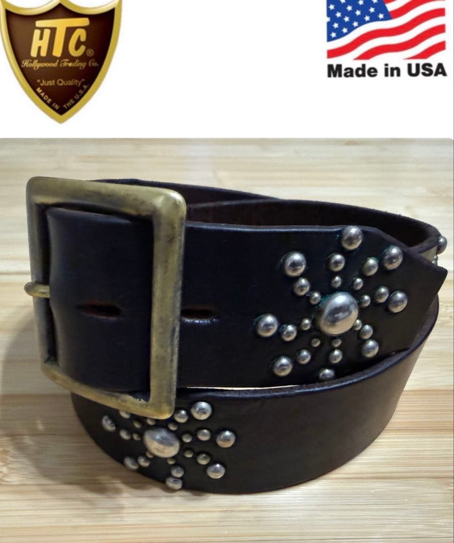 美品⭐️HTC⭐️サンバーストベルト⭐️ブラックレザー×シルバースタッズ⭐️34インチ 美品⭐️HTC⭐️サンバーストベルト⭐️ブラックレザー×シルバー