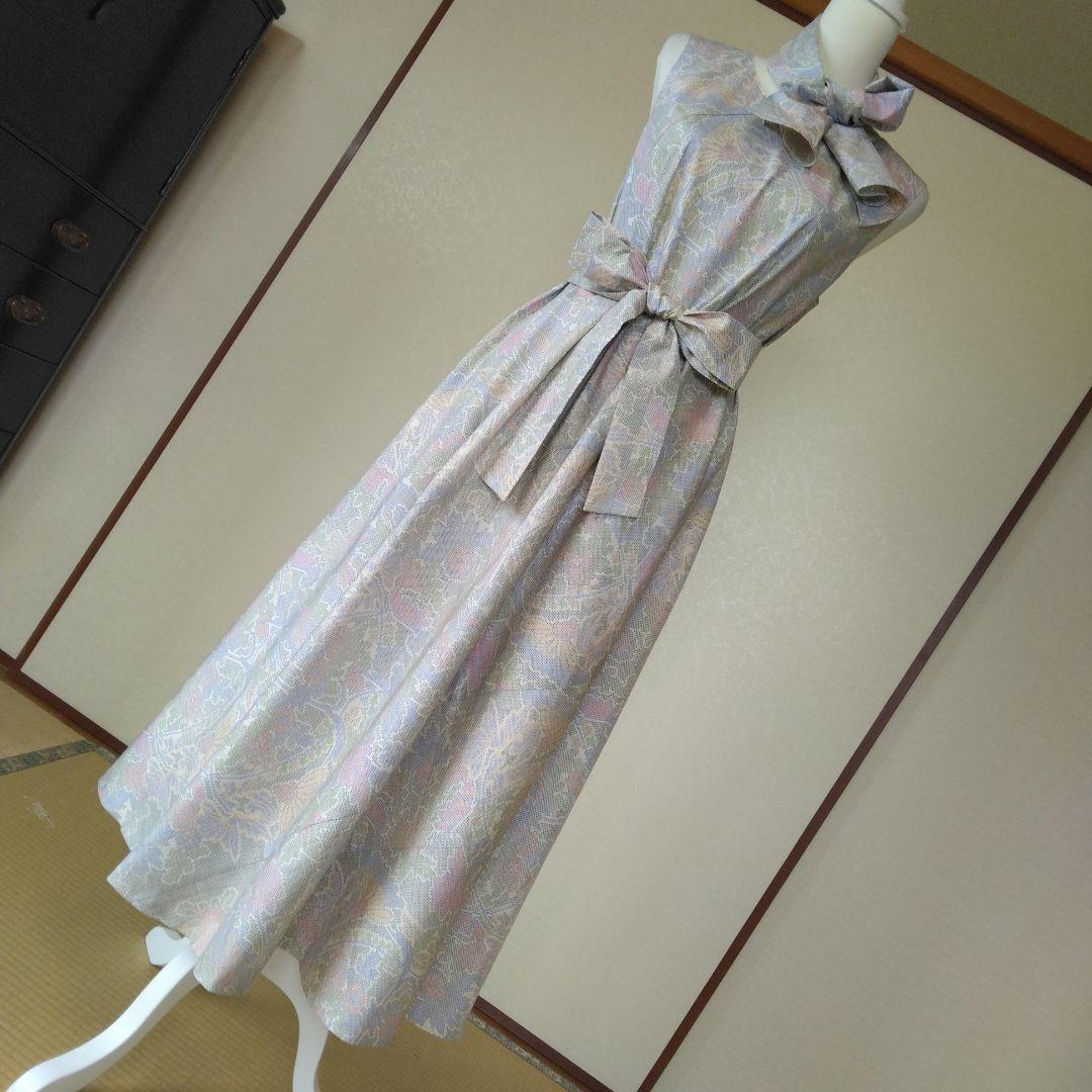 白大島紬解き生地から、バイアス仕立てロングフレアーワンピース M寸