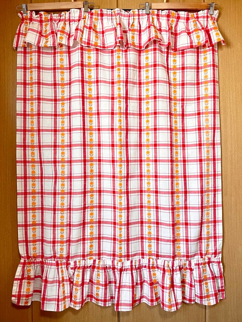 当時物 昭和レトロポップ カーテン 1枚 チェック柄 花柄 赤 白