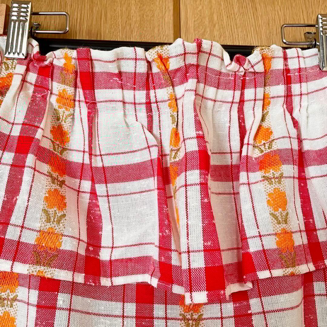 当時物 昭和レトロポップ カーテン 1枚 チェック柄 花柄 赤 白