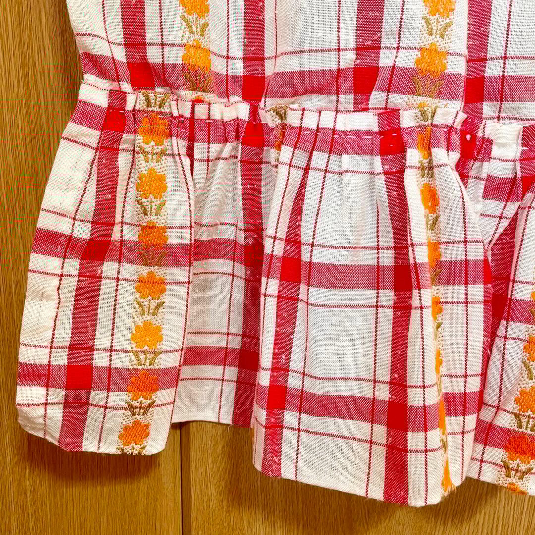 当時物 昭和レトロポップ カーテン 1枚 チェック柄 花柄 赤 白