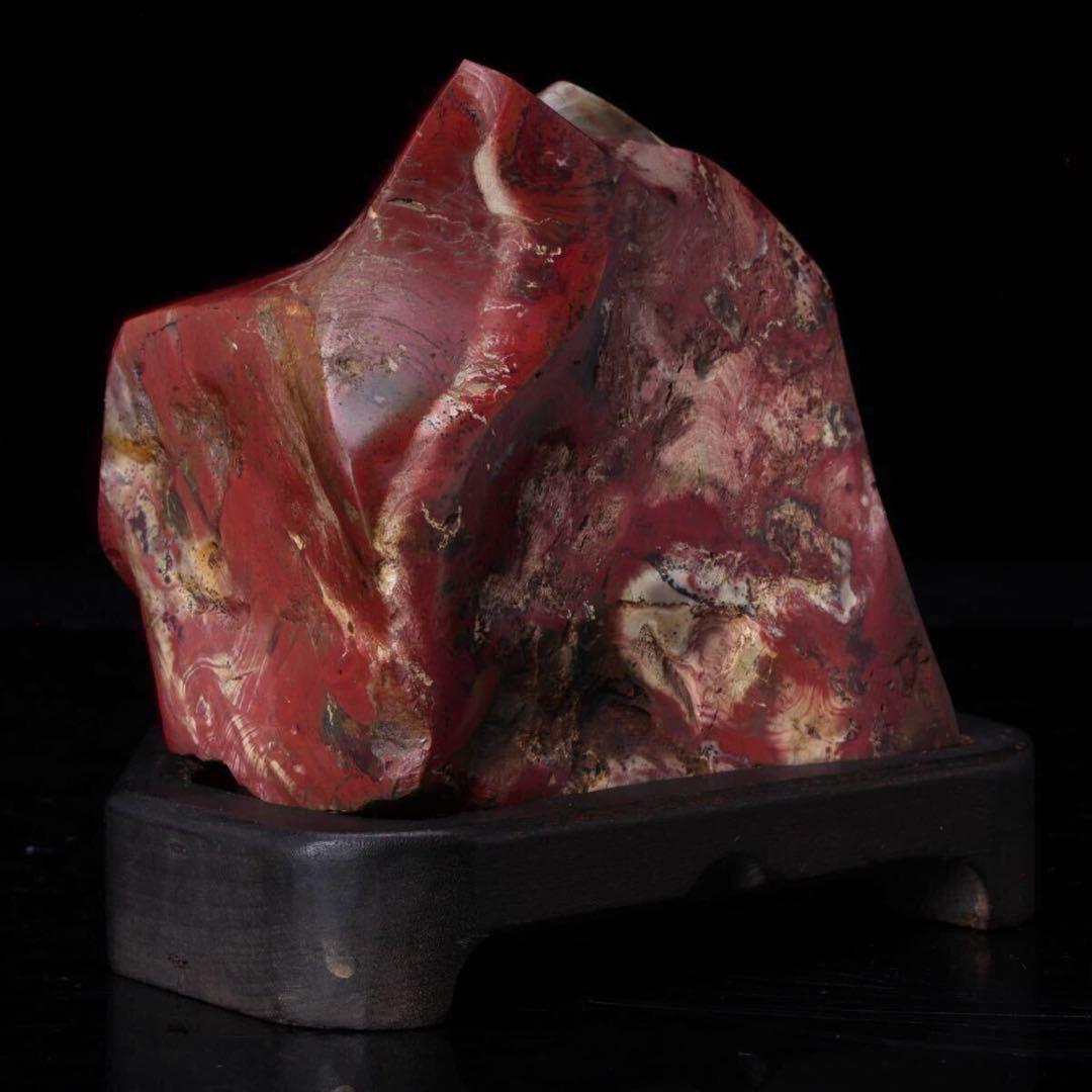 【希少・美石】佐渡 錦紅石 錦石 錦瑪瑙 赤玉石 ジャスパー 鑑賞石 台座付