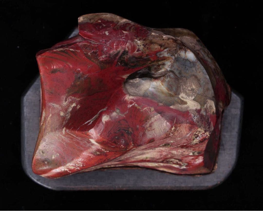 【希少・美石】佐渡 錦紅石 錦石 錦瑪瑙 赤玉石 ジャスパー 鑑賞石 台座付