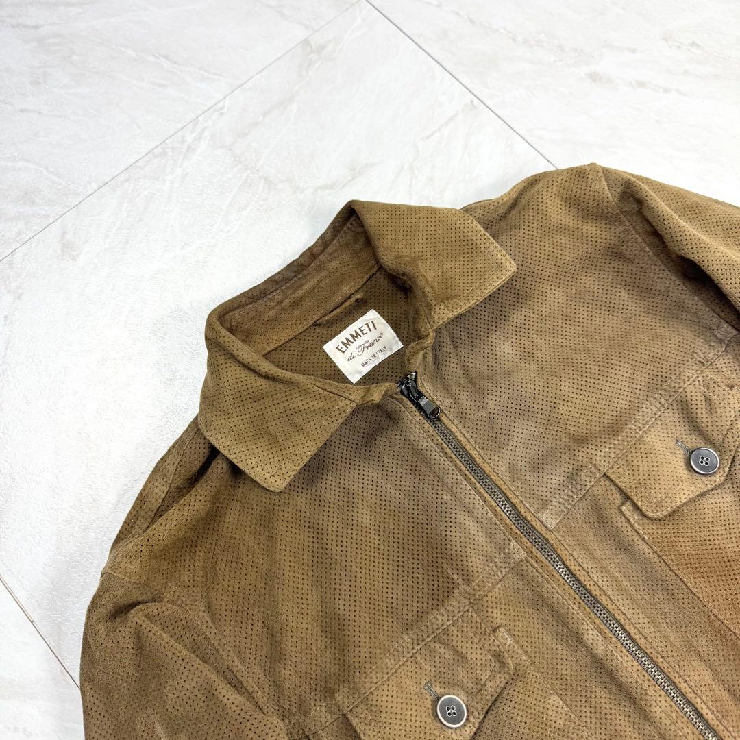 EMMETI パンチング ゴートレザー ライダース ダブルジップ 46 ブラウン