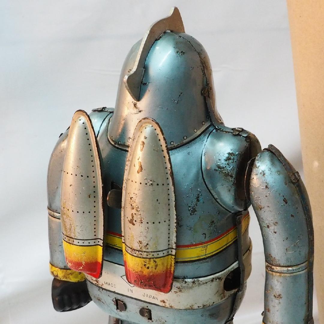 野村【鉄人28号 水色 サビ有 金具欠】当時物ブリキ ロボットTIN 箱は