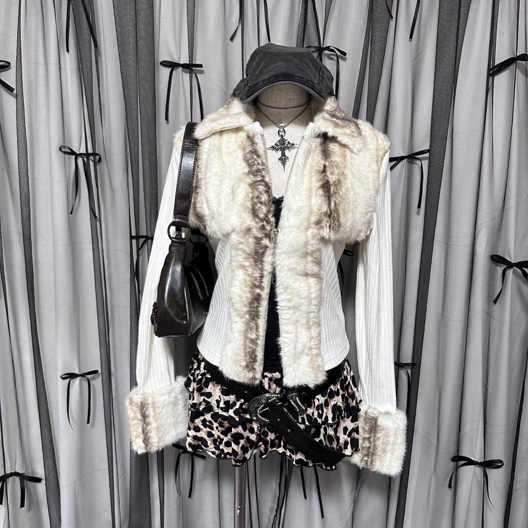 平成ギャル y2k フェアリーグランジ ファー付き ダブルジップ パーカー