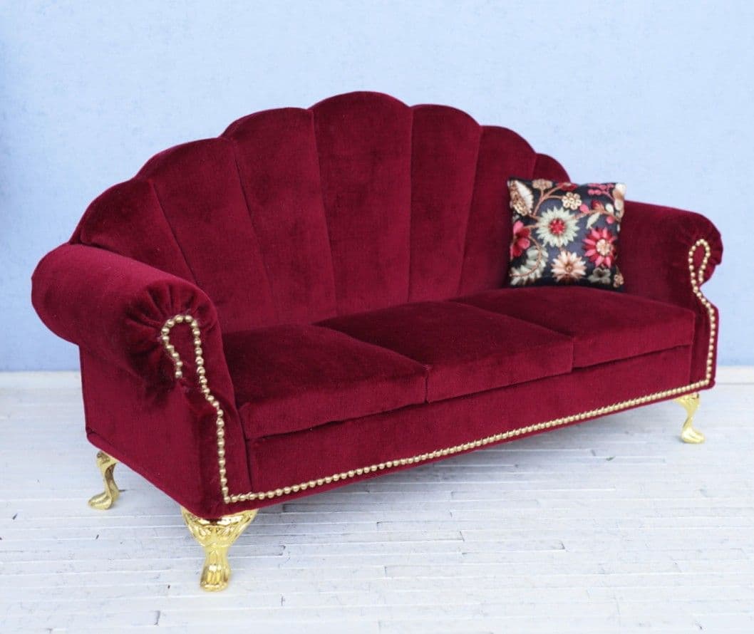 オマケ付】ドール用1/6サイズ シェル型ソファ3人用 ワインレッド