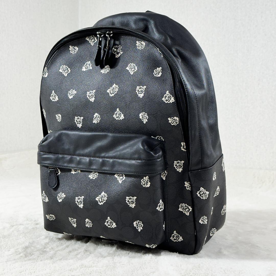 美品 COACH リュック F55970 レザー バラ柄 黒 COACH(コーチ)レディース用ヒョウ柄バックパック CC757 SVMU4 (Coach