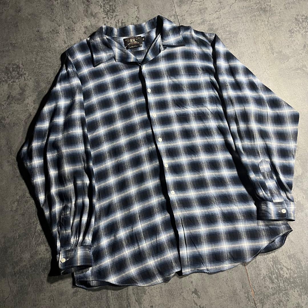 RRL ☆ 三ツ星 ☆ オンブレ チェック vintage シャツ 長袖 青 白 ダブルアールエル RRL シャツ 長袖 オープンカラー オンブレチェック