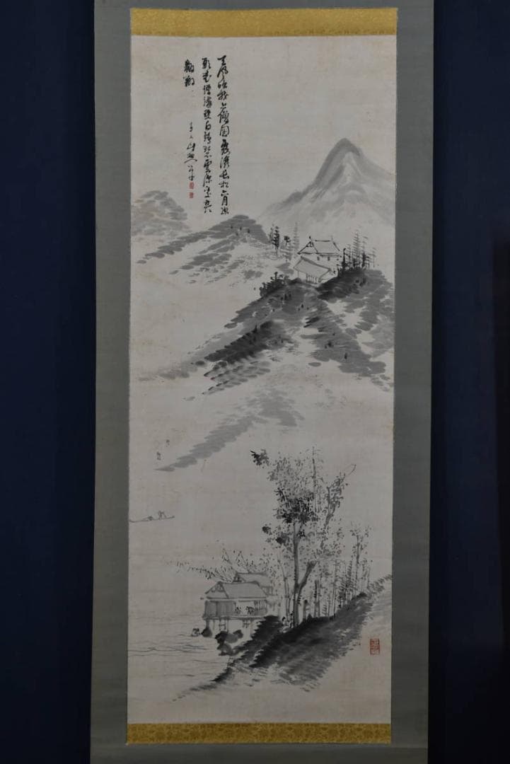 【真作】田能村直入/夏山山水人物画賛/掛軸/名家伝来/AA-473