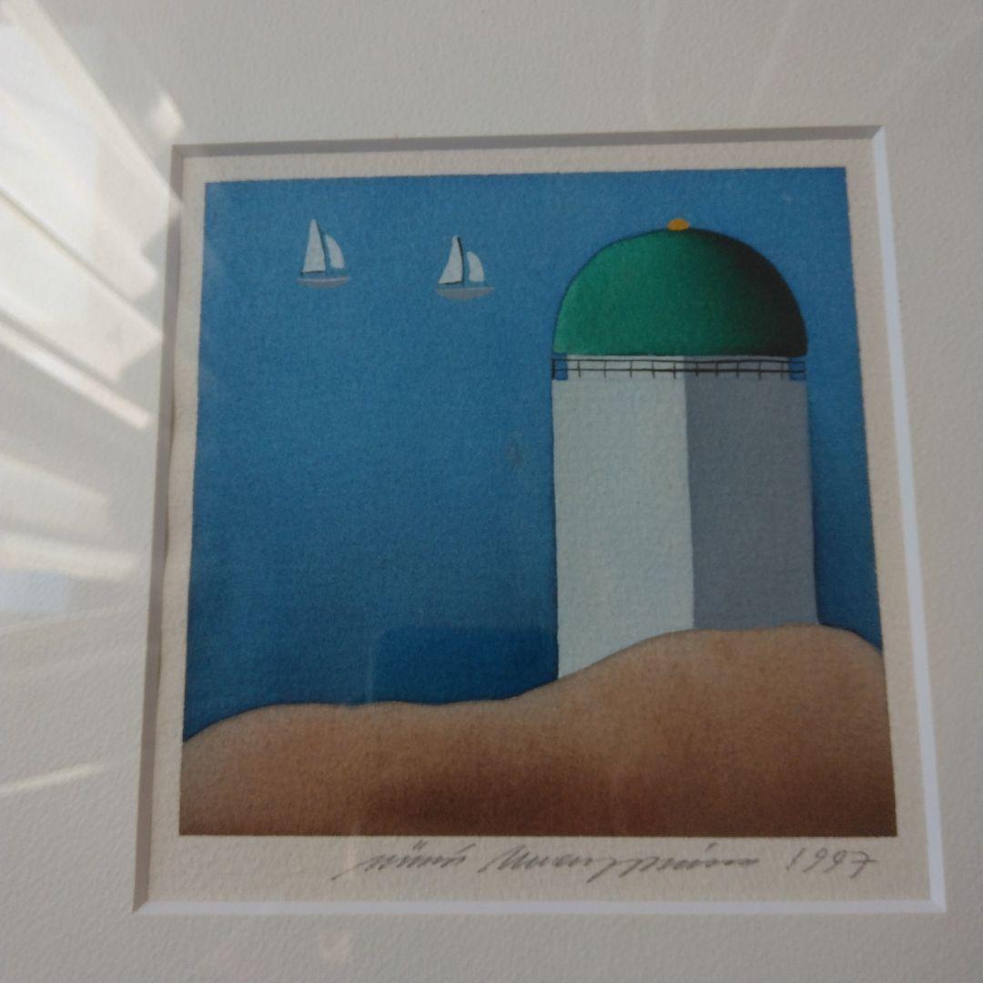 ヴィーヴィ・ケンパイネン 水彩画 1997年　灯台 ロシア 灯台の絵 オリジナル水彩画 夕焼け空アート 海景アート AsheArt