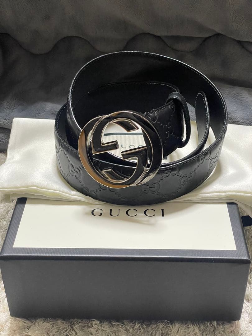 正規品）GUCCI ブラックレザー ベルト ダブルGバックル GUCCI◇ダブルGバックルレザーベルト/レザー/BLK/メンズ/400593