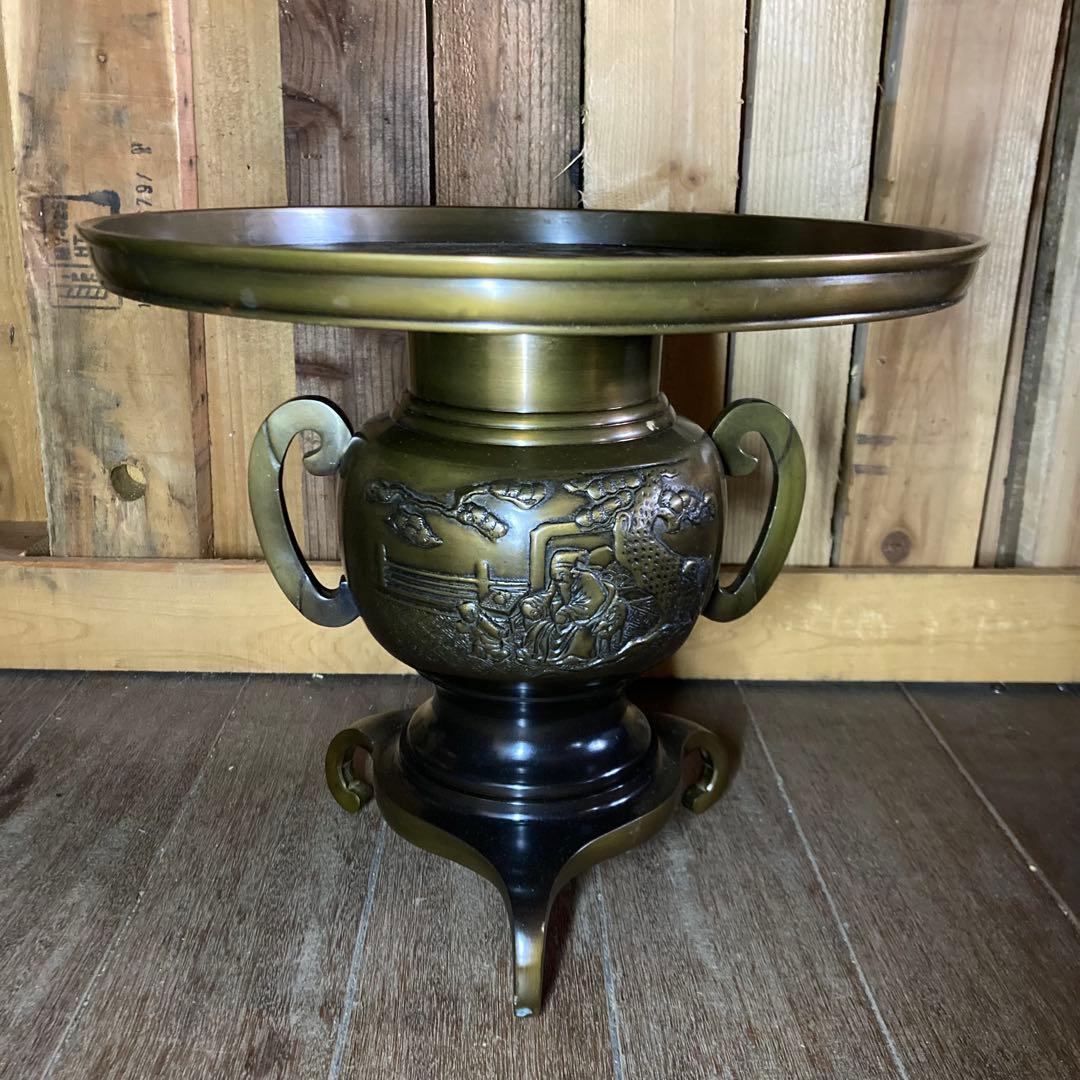 華道具　池坊　薄端　銅製花器　花入　生け花　三足　唐金製　山水　銅器　インテリア 花器 薄端｜ 尺1富士山水 ｜剛信作 銅製 紙箱入り【高岡銅器】d94-03