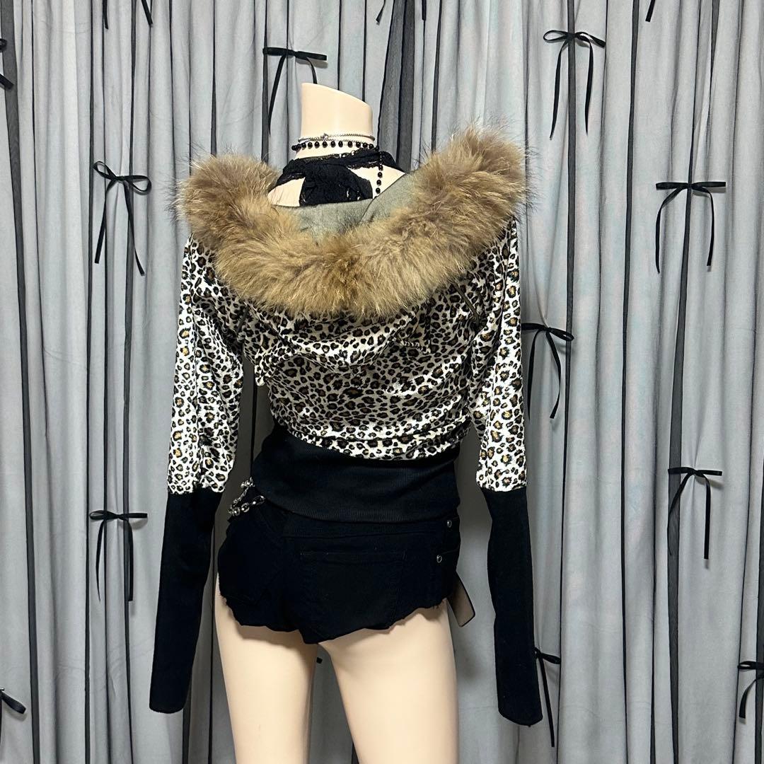 激レア】平成ギャル y2k JSG リアルファー付き猫耳ヒョウ柄パーカー