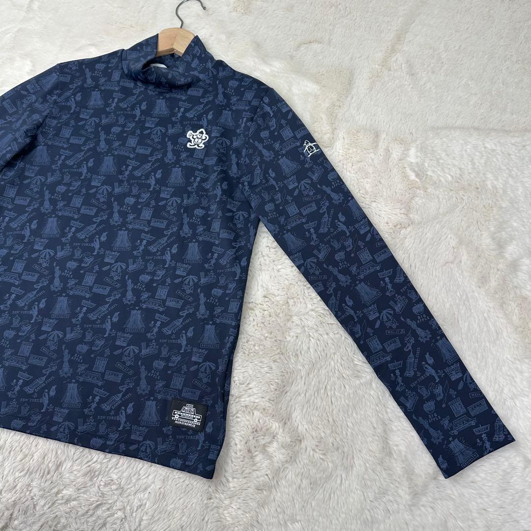 ✨美品✨マンシングウェア 西脇光重コラボ 防風 NY総柄 ハイネックシャツ 紺