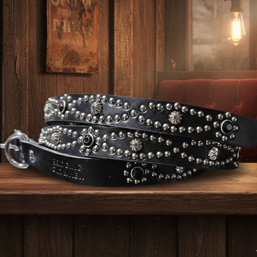 アイ黒□本革レザーフルスタッズナローベルト☆アメカジ古着