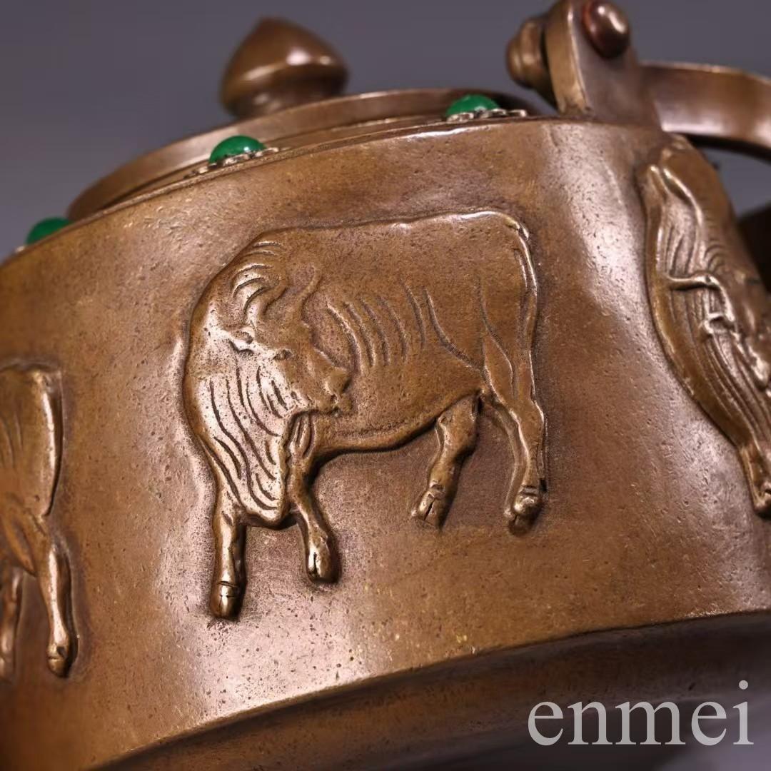 中国古美術・古純銅五牛急須・宝石急須・高浮彫り・純手作り・急須