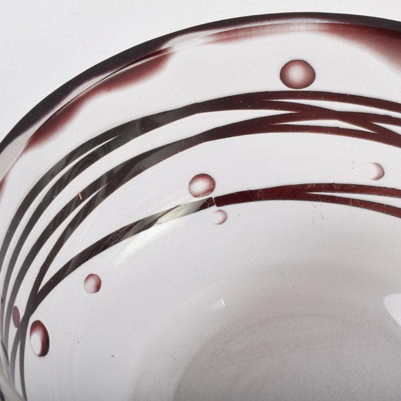 ガラス工芸 荒木良忠作 玻璃彫刻 銅赤流水文 菓子鉢 共箱 C 9187