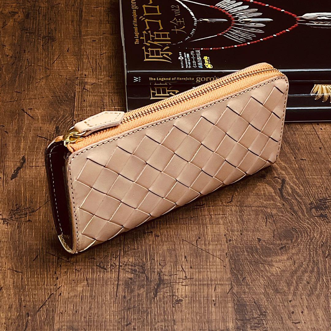 L字ファスナー ヌメ革 編み込み イントレチャート メンズ 財布 長財布 本革