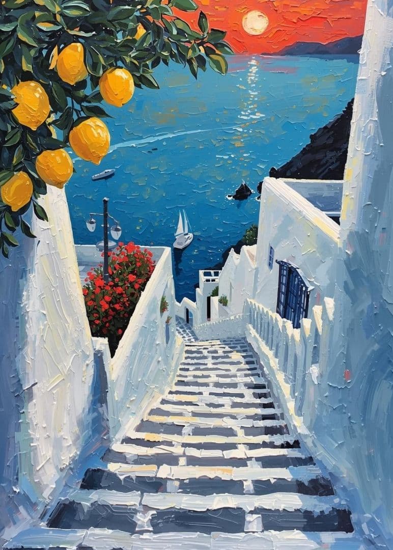 1785 夕焼けの海風景画アートポスター白い街並み石畳レモンの木地中海