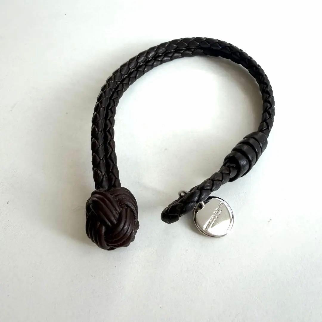 BOTTEGAVENETA ブレスレット レザー プレート編み込みダークブラウン