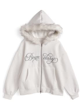 GRL ファーフードロゴ刺繍ダブルジップスウェットパーカー ホワイト