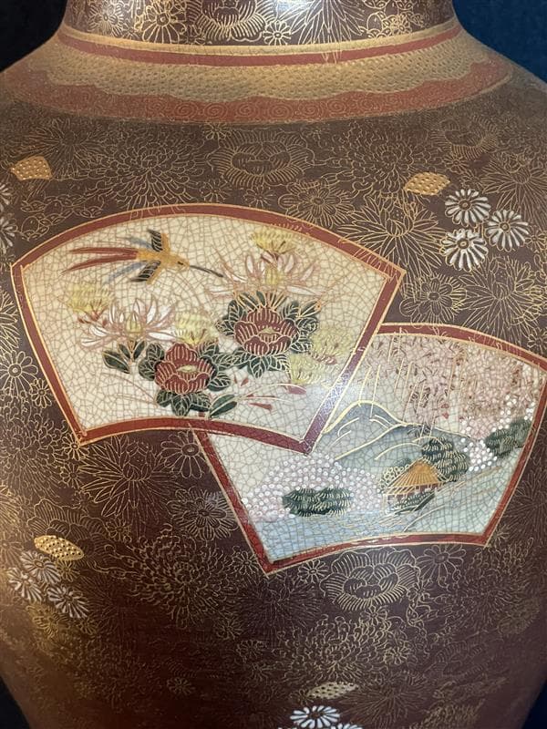 薩摩焼 連山作 色絵金襴手扇面花鳥風景図文大花瓶 - メルカリ