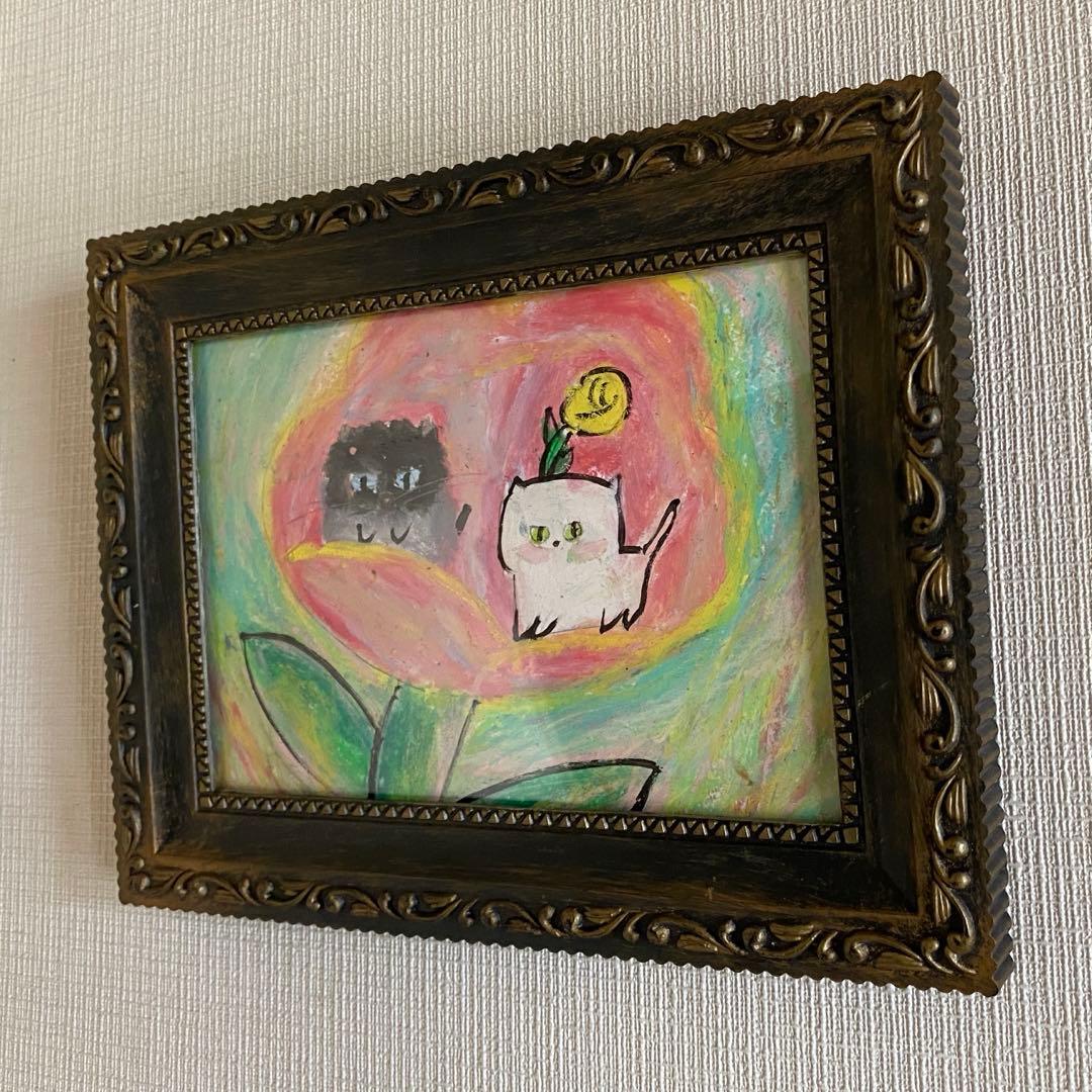 絵画。原画【2匹のかわいい猫がピンクの花の中で花の香りを感じている】