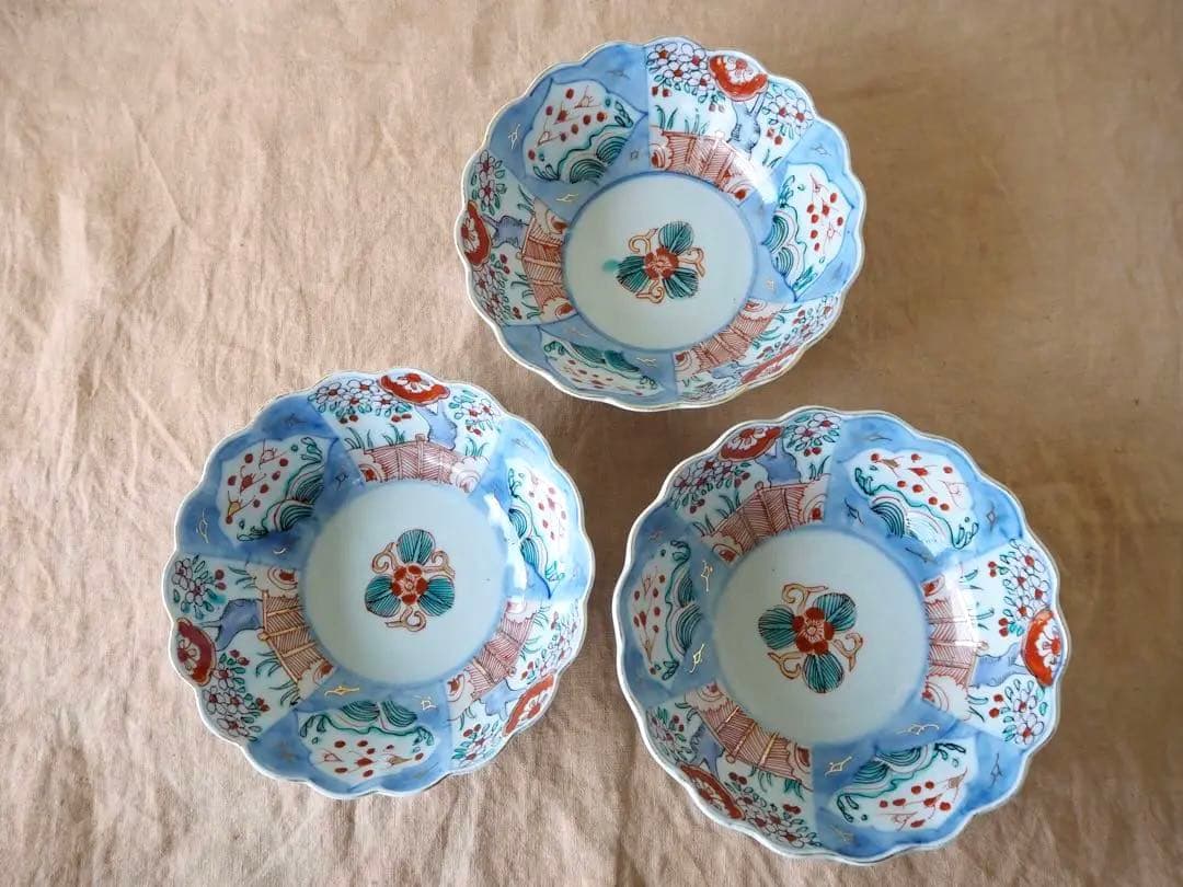 ぴんちゃん 時代伊万里 色絵印判金彩 3羽の鳥 花生垣文 大なます皿 3客 最後の一枚☆ 伊万里 色絵金彩 ふくら雀と柘榴文 蝶 蛸唐草 鳥 菱 な