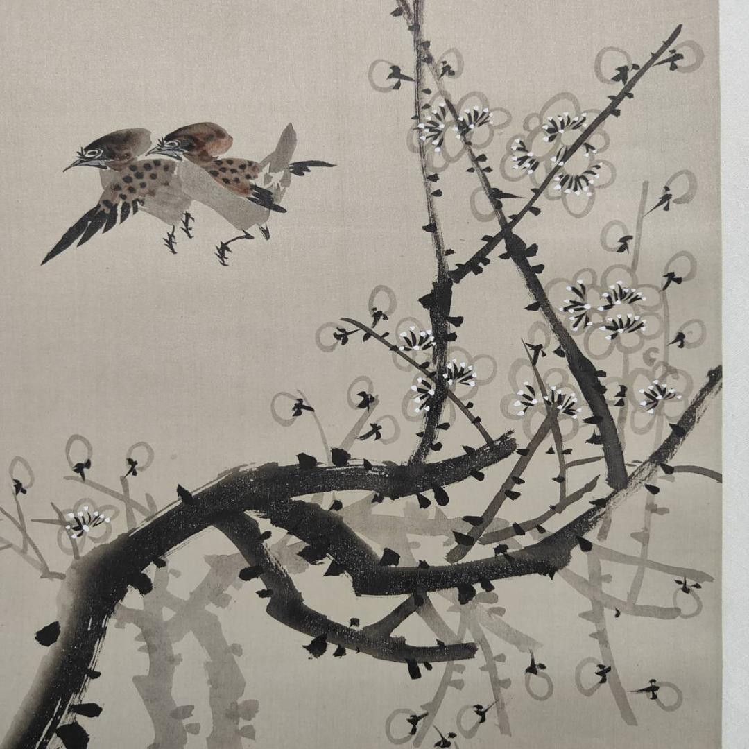 真作/学鴻/梅/雀図/梅雀図/花鳥/中国画/布袋屋掛軸A-595