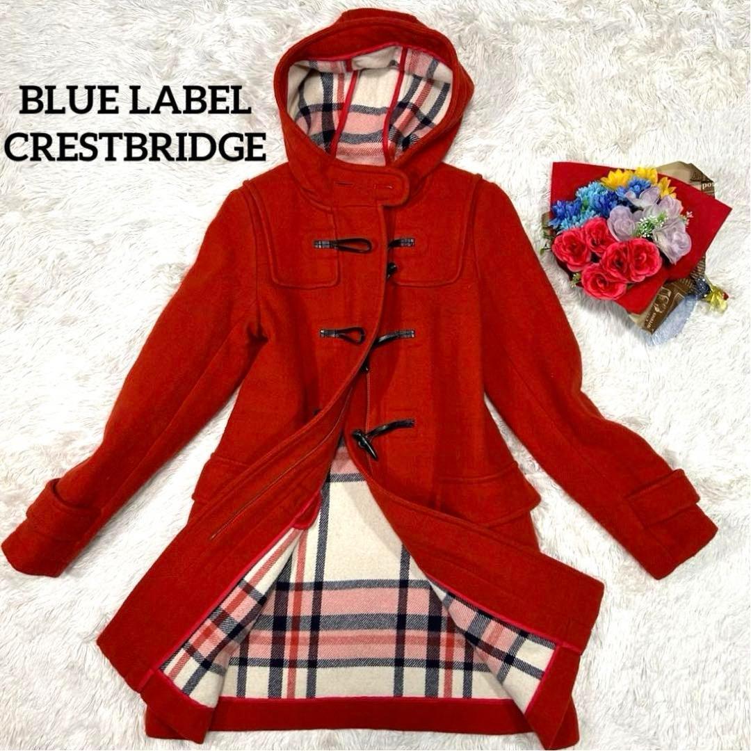 ブルーレーベルクレストブリッジ　ダッフルコート　フード　ウール　チェック柄　赤 レア】ブルーレーベル クレストブリッジ レッド ダッフルコート 赤