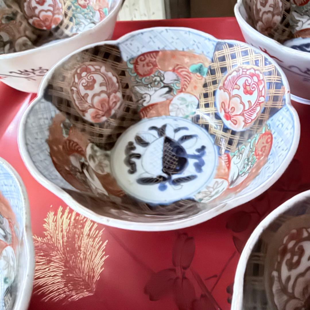 超限定価格‼️伊万里錦手向付おひたしにはこれ‼️桃手に鶴と竹六弁花在銘向付5客