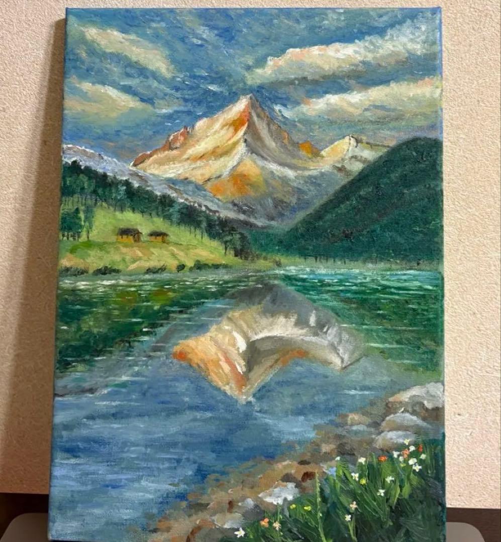 スイスの山と湖の油彩画　印象派