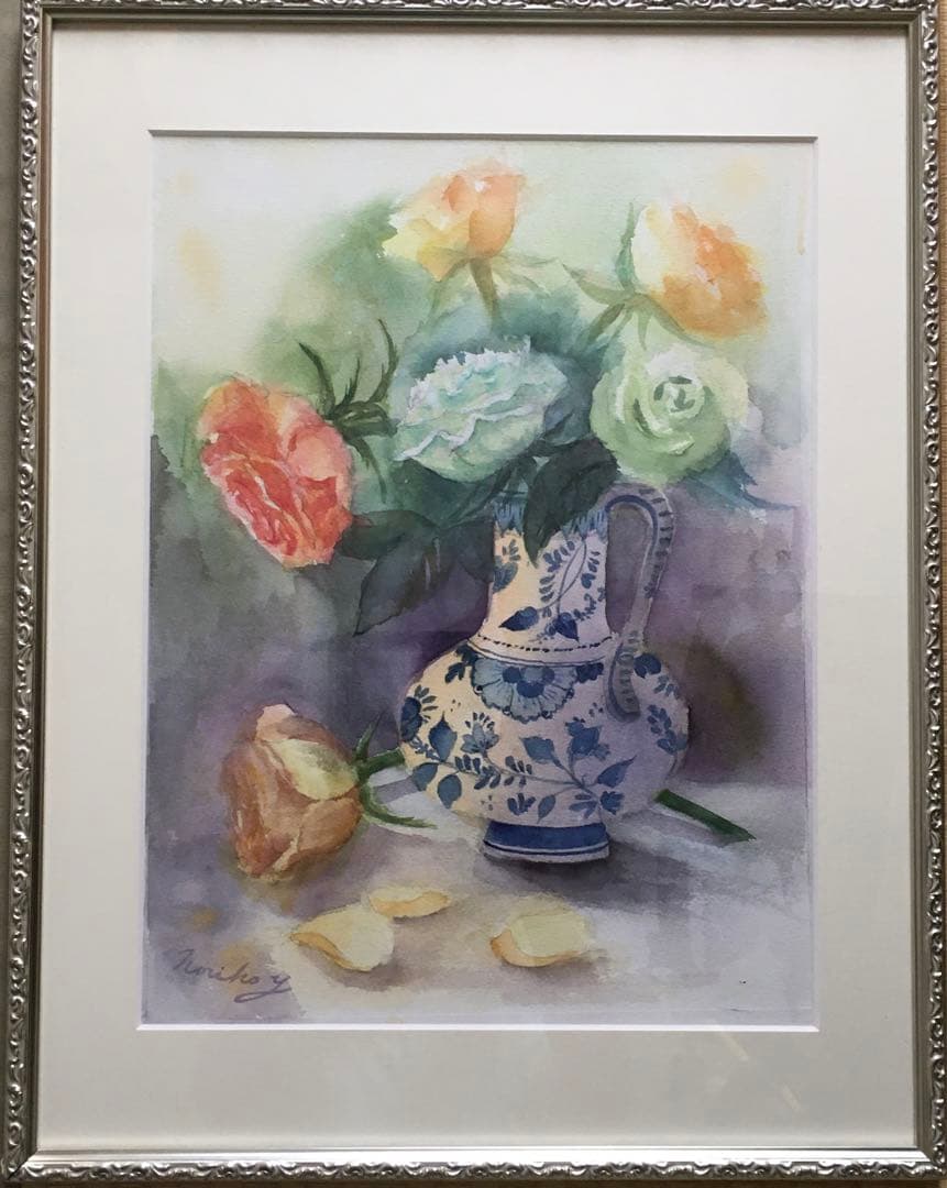 透明水彩画原画オレンジの薔薇とデルフト焼きの花瓶⑨ - メルカリ