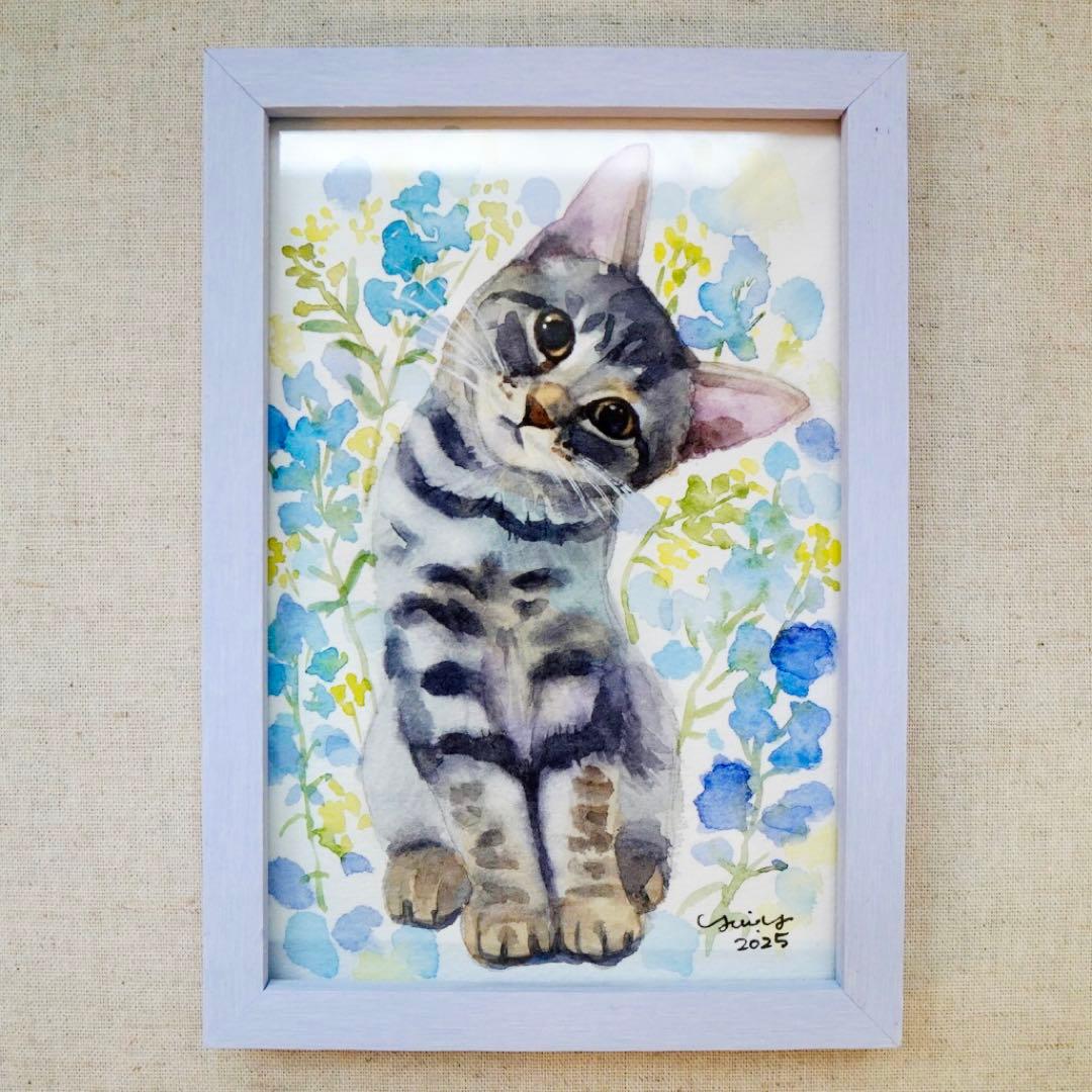猫の絵 282 水彩画 原画 サバトラ猫 ポストカードサイズ - メルカリ