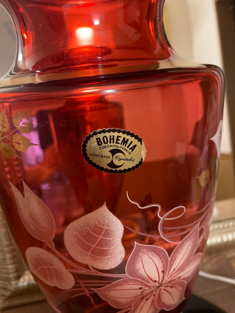 未使用BOHEMIA ◇【花器】ボヘミア/手描き フラワーベースボルドー