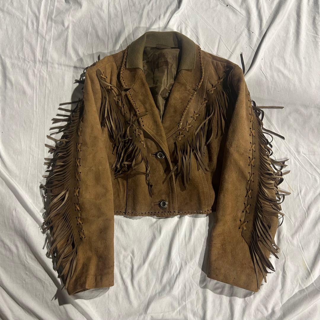 80's vintage ブラウン フリンジ　短丈　スエード レザージャケット ヴィンテージ EXPRESSO フランス製 ユーロ スエードレザー トラッカー