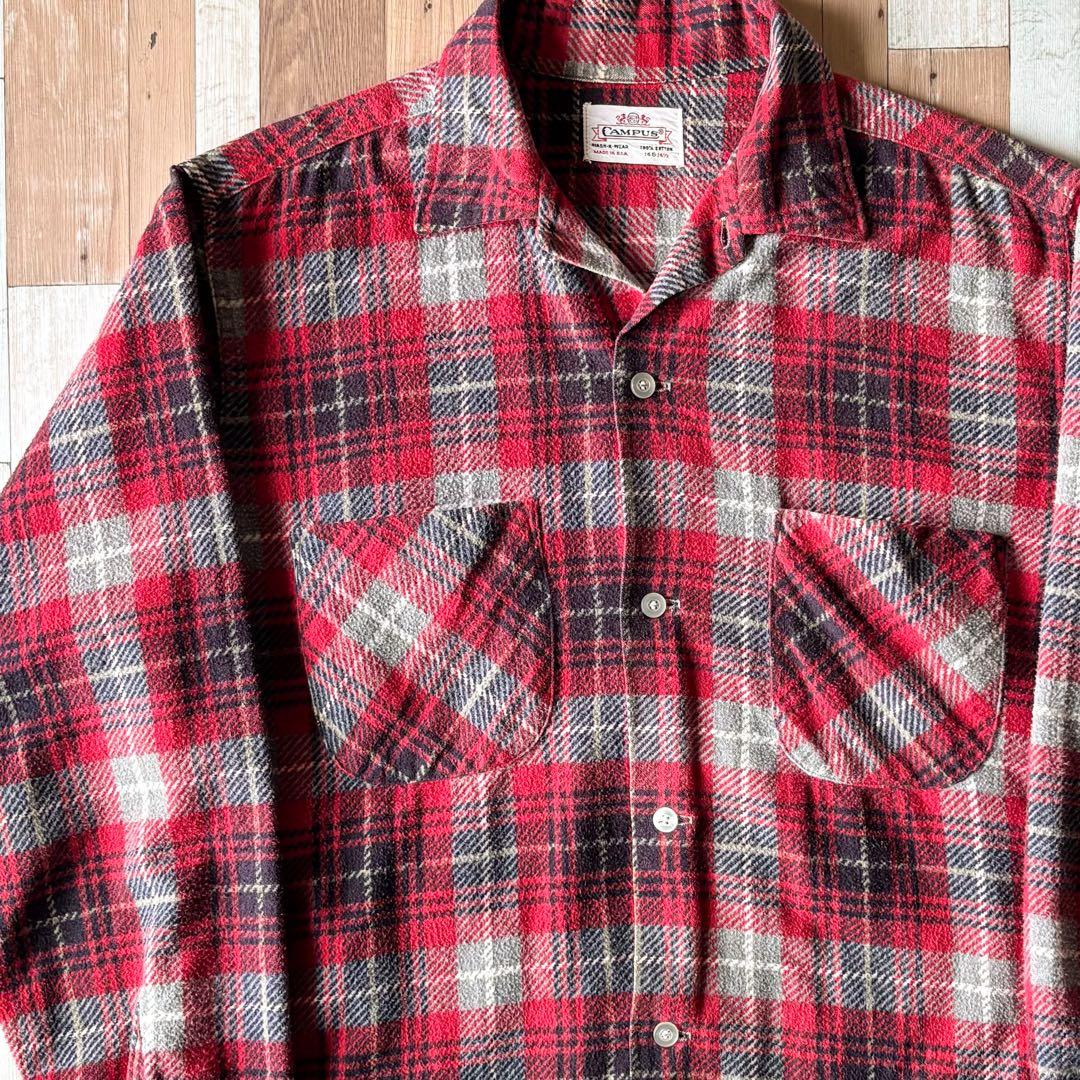 60s CAMPUS ヴィンテージ 開襟 プリントネルシャツ フランネル 古着