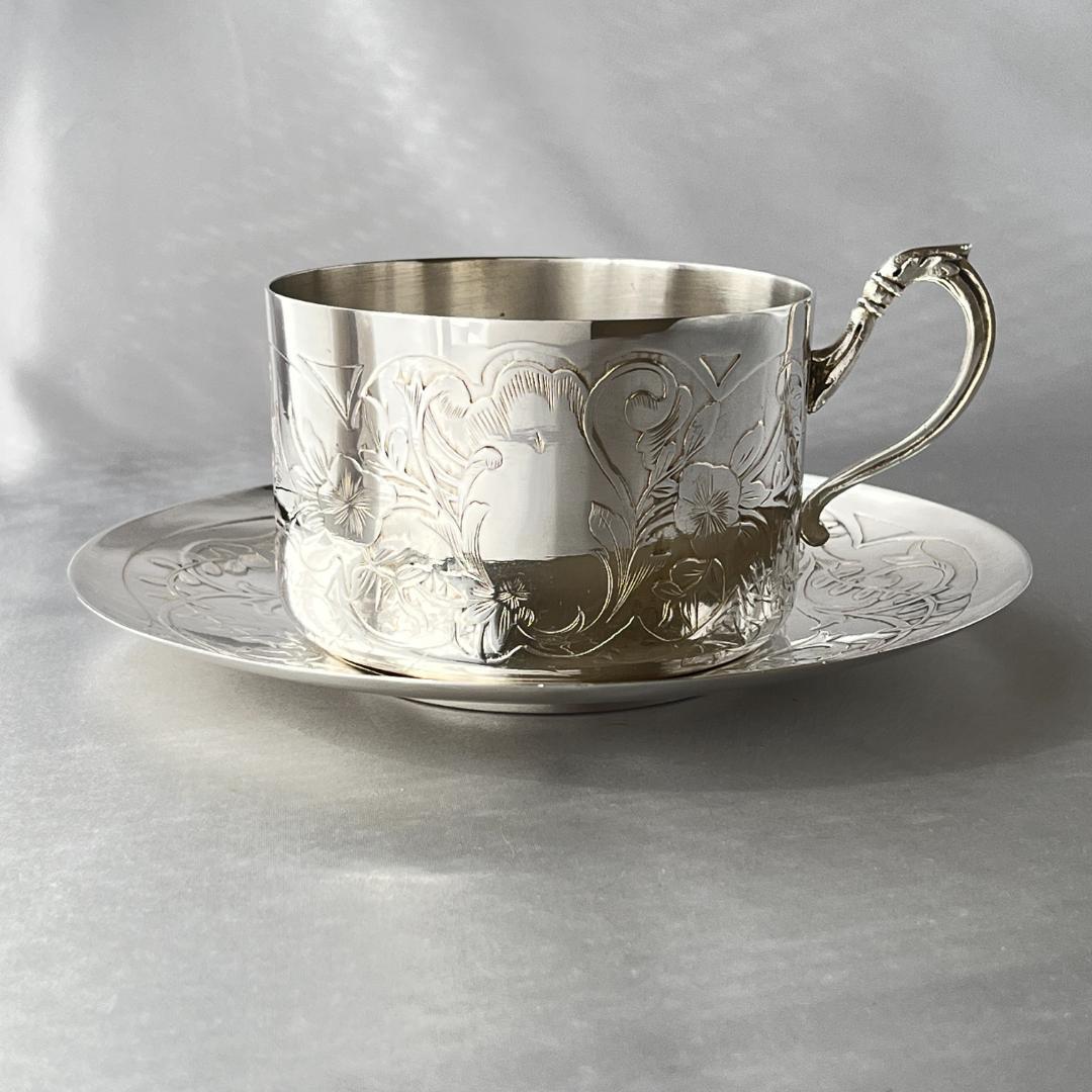 【 仏蘭西】アールヌーボー カップ＆ソーサー 【シルバープレート】 フランシスカン バード イン ハンド Bird 'N Hand 鳥 モノクロ