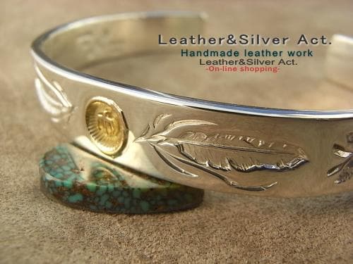 シルバーバングル 太陽と月 シルバー925、k18 手彫り唐草、フェザー