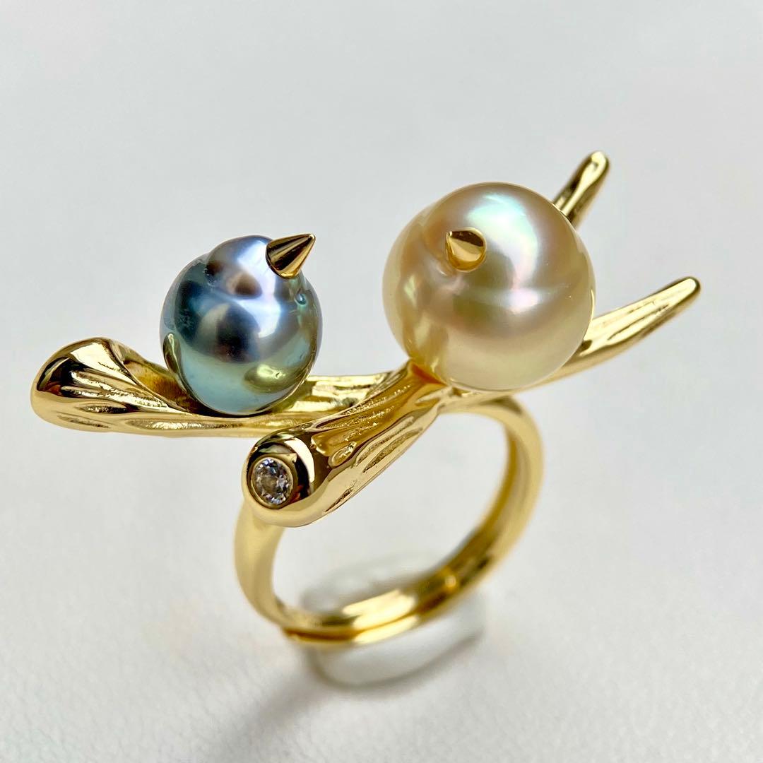 リラックまま様専用南洋白蝶真珠と黒蝶真珠 双色「鳥と枝」s925リング