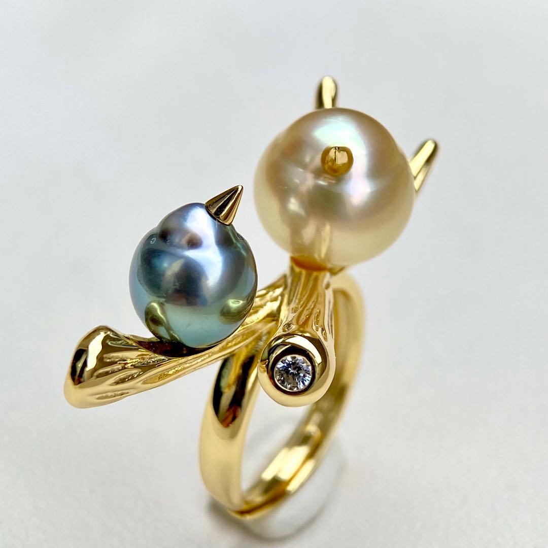 リラックまま様専用南洋白蝶真珠と黒蝶真珠 双色「鳥と枝」s925リング