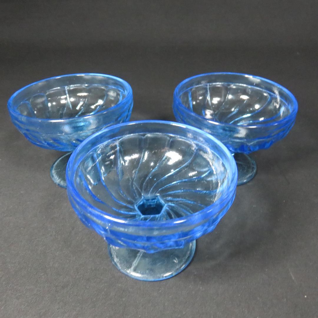 氷コップ ブルー 美品 3客 プレスガラス 明治 大正 昭和初期 アイス