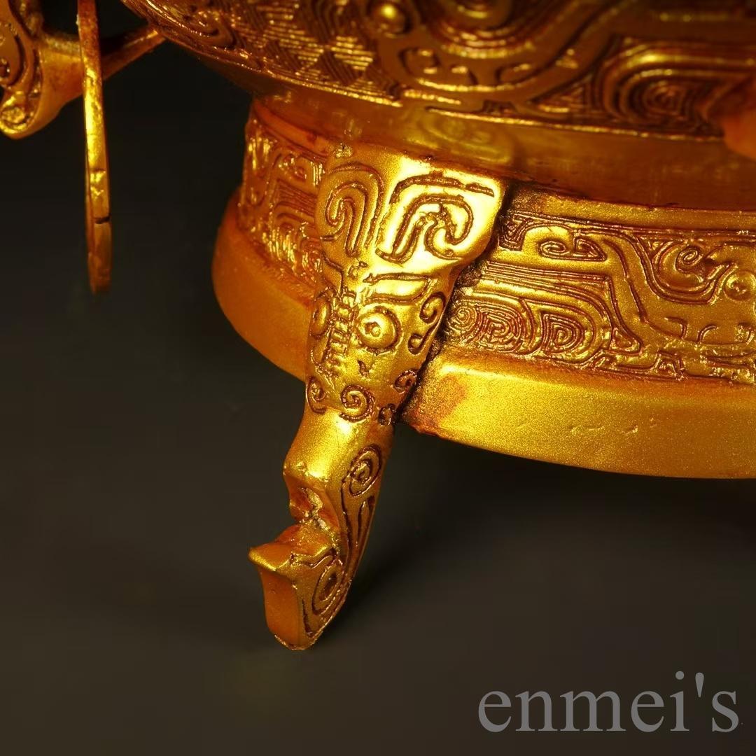 中国古美術 古銅 描金 聚宝鼎 鼎型香炉 祭祀 風水置物 金属工芸 細密
