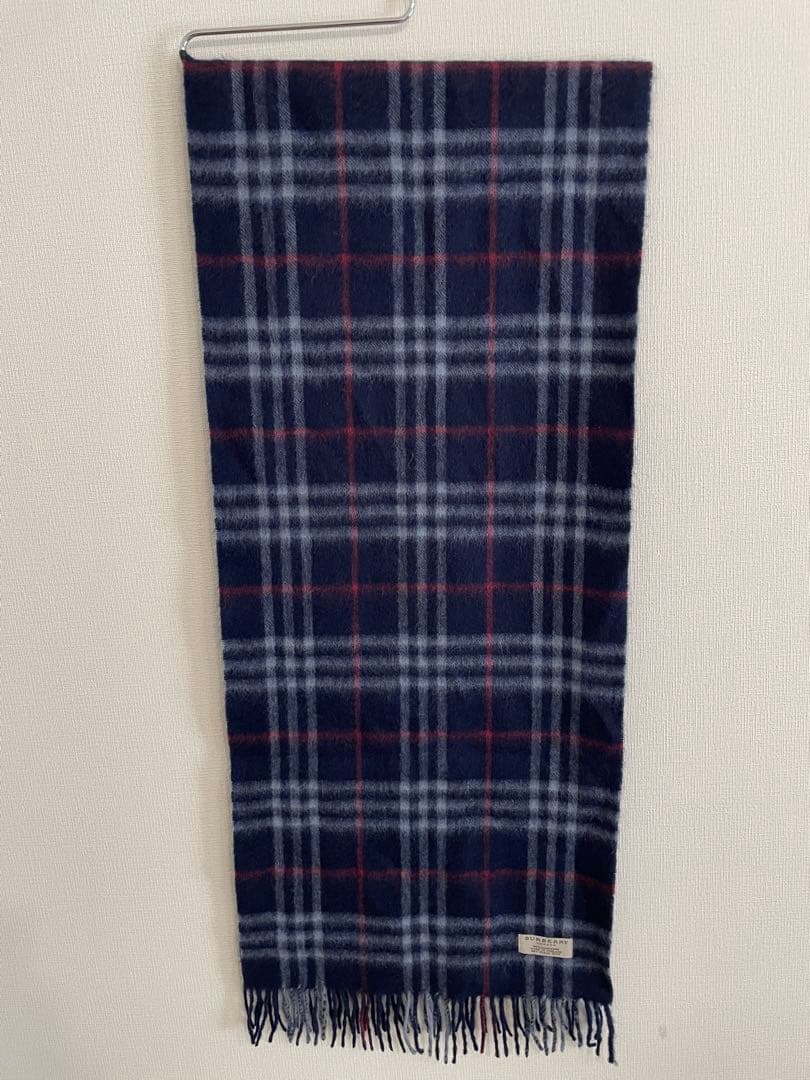 バーバリーロンドン カシミヤマフラー ネイビー チェック - メルカリ