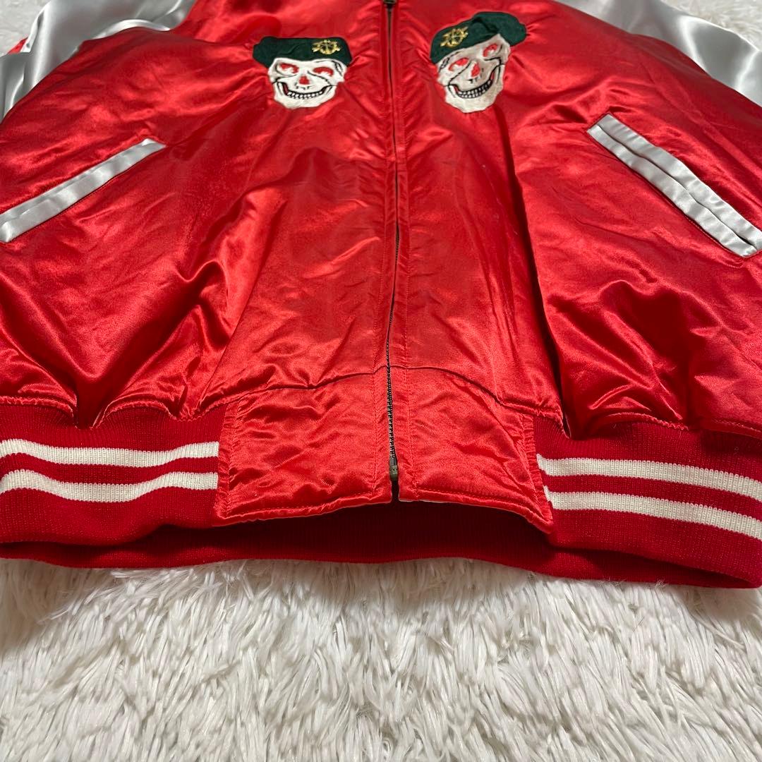 プリンス商会 スカジャン グリーンベレー スカル刺繍 ドクロ L 赤 サテン